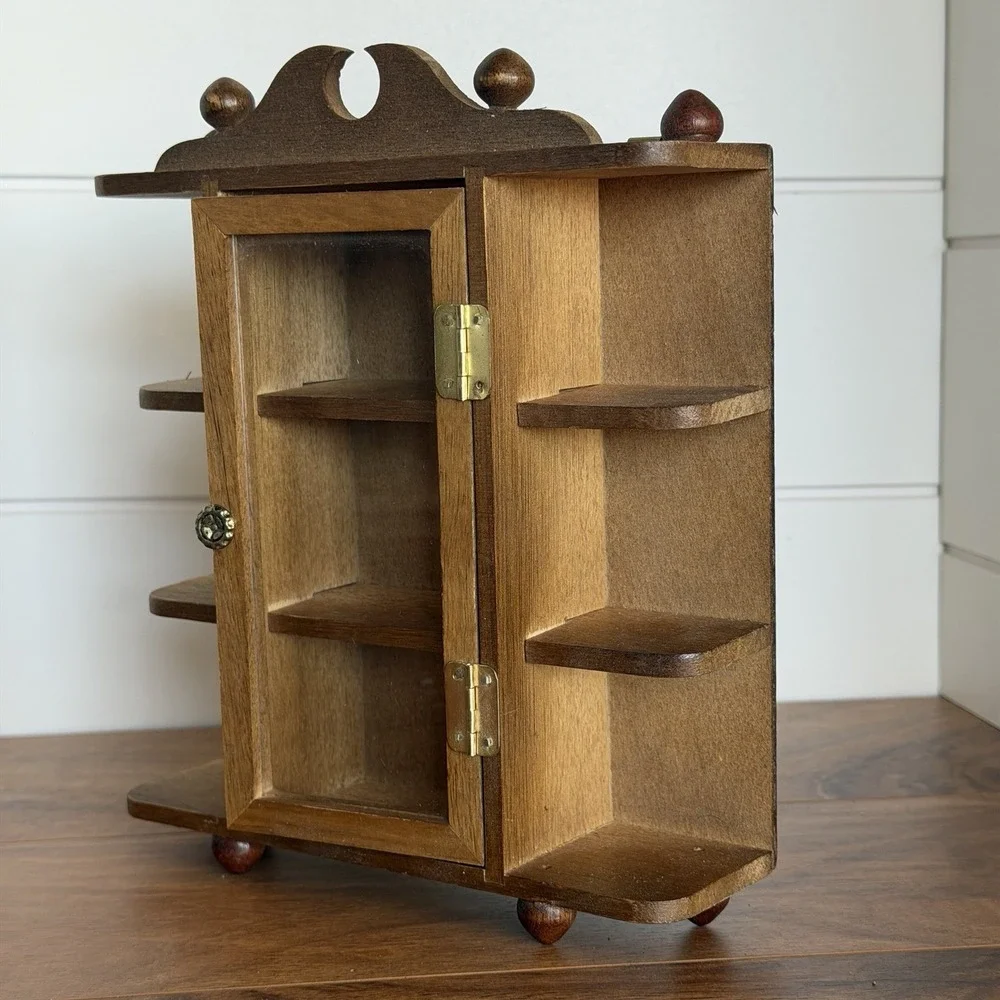 VTG Miniture Wood And Glass Footed Curio Cabinet with 3 Shelf MCM Trinkets *Flaw